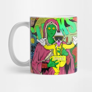 Dope Slluks chicken character chilling with virgin Mary montage colorful  illustration Mug